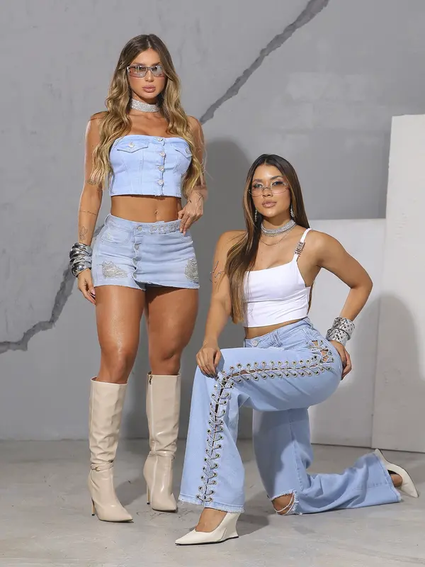 Short Saia Com Correntes De Strass E Bordado Pit Bull Jeans Luxo
