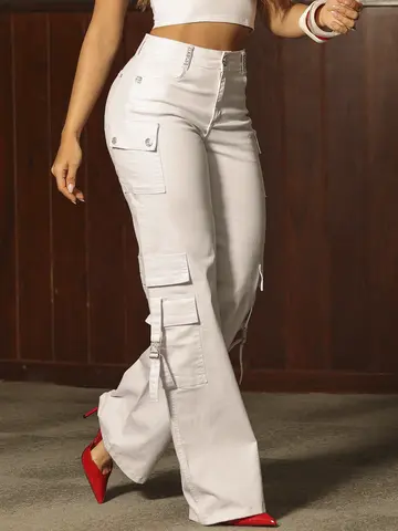 Calça Feminina Branca Wide Leg Com Bolsos Cargo E Plaquinhas Pit Bull Jeans