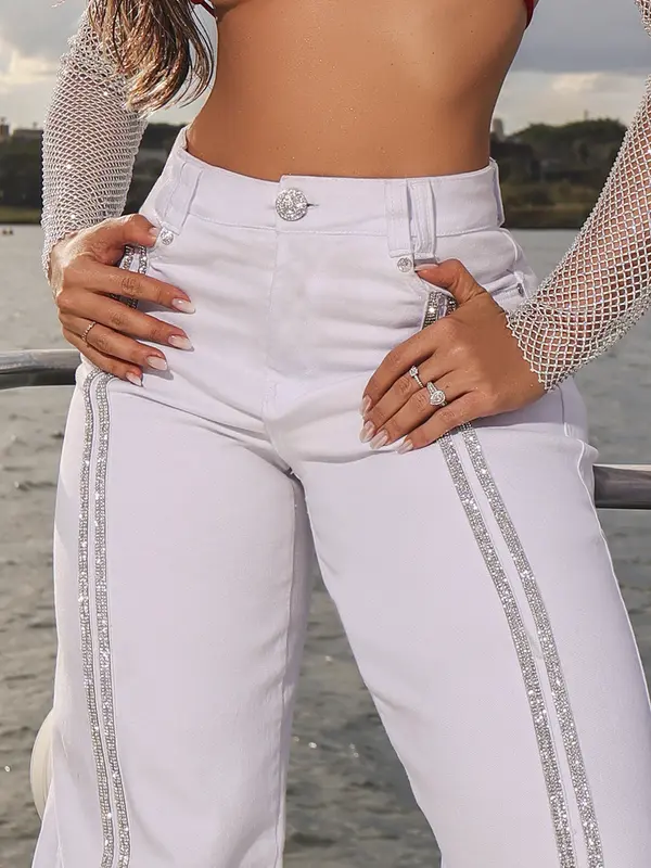 Calça Wide Leg com Manta de Strass Pit Bull Jeans Luxo