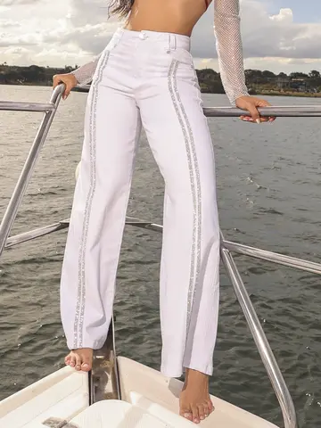 Calça Wide Leg com Manta de Strass Pit Bull Jeans Luxo