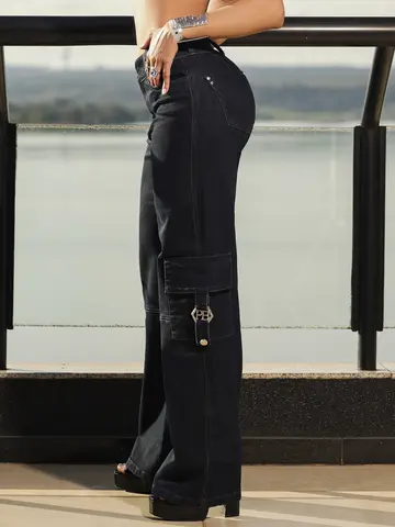 Calça Wide Leg Luxo Com Bolsos Cargo E Detalhes Personalizados Pit Bull Jeans